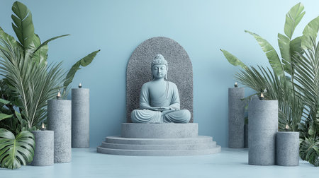 A meditating Buddha statue with a peaceful expression, surrounded by calming natural elements, creating a tranquil atmosphere with open space for textの素材