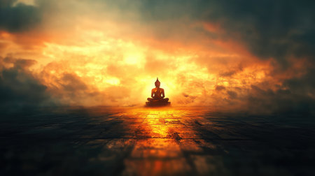 Abstract background with golden Buddha silhouette in distance, atmospheric spiritual copy spaceの素材