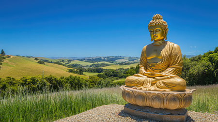 A golden Buddha statue on a serene hilltop, surrounded by nature and a clear blue sky, offering peaceful open space for visual designの素材