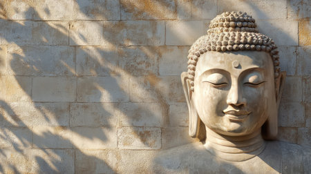 Ancient Buddha carved into stone wall, textured background with natural shadows and copy spaceの素材