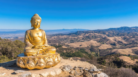 A golden Buddha statue on a serene hilltop, surrounded by nature and a clear blue sky, offering peaceful open space for visual designの素材