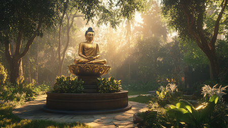 A golden Buddha statue atop a stone pedestal in the middle of a lush garden, the soft glow of sunset illuminating the figure with open space around itの素材