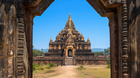 A golden Buddha statue framed by traditional temple architecture, with clear blue skies and open space for text or visual contentの素材