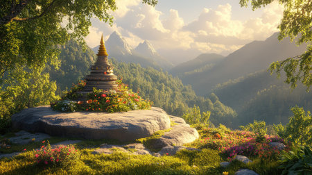 A serene Buddhist stupa on a mountaintop surrounded by lush greenery, sunlight casting gentle shadows with ample copy spaceの素材