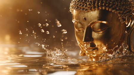 A golden Buddha statue with a calm expression, set against a tranquil pond with soft ripples and plenty of surrounding space for text or designの素材
