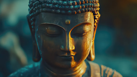 A close-up of a meditating Buddha statue's serene face, bathed in golden light, with an empty background offering space for creative text or brandingの素材