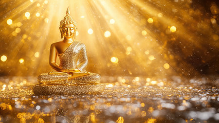 A golden Buddha statue placed in a peaceful temple, illuminated by soft rays of light with room for creative design or textの素材