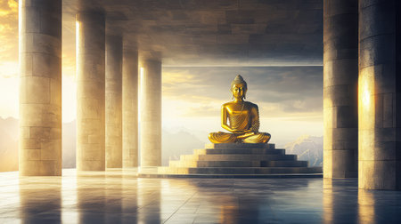 A golden Buddha statue surrounded by large stone pillars, creating a serene space with plenty of open sky above for designの素材