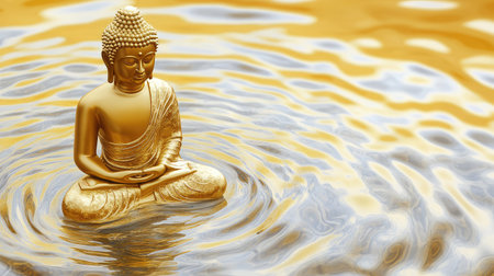 A meditating Buddha statue surrounded by tranquil water, with soft ripples reflecting the golden statue, and vast space for text or designの素材