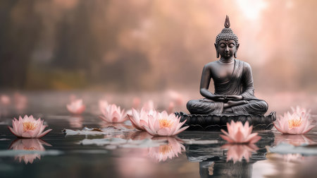 A meditating Buddha statue surrounded by peaceful lotus flowers, the soft reflection in a pond adding a serene atmosphere with ample space for contentの素材