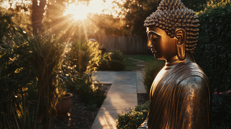 A golden meditating Buddha statue with intricate detailing, surrounded by a tranquil garden and morning sunlight, leaving space for creative visualsの素材
