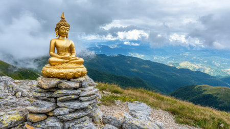 A golden Buddha statue on a rocky mountain top, surrounded by distant misty peaks and lush valleys with plenty of room for creative additionsの素材