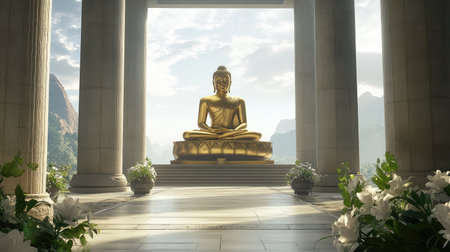A golden Buddha statue surrounded by large stone pillars, creating a serene space with plenty of open sky above for designの素材