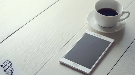 A modern smartphone with a blank screen placed on a white wooden desk next to a cup of coffee and notebook, minimalist layout for product display or app mockupの素材
