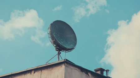 A satellite communication dish on rooftop under blue sky, modern telecommunication infrastructure with copy spaceの素材