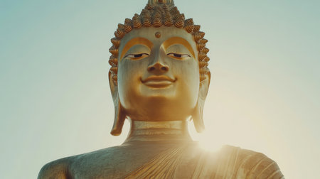 A golden meditating Buddha statue illuminated by soft sunlight, set against a clear sky with plenty of space around it for visual contentの素材