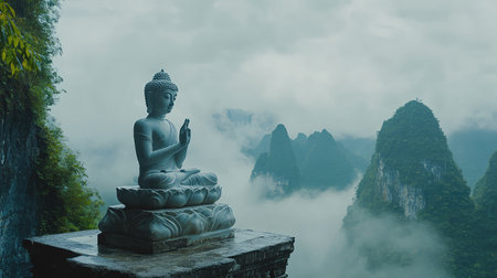 A meditating Buddha statue sitting on a stone pedestal, framed by gentle fog and green vegetation, with open sky space for content or designの素材
