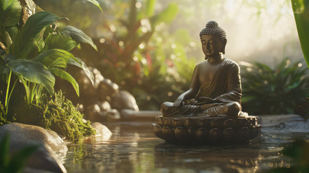 A meditating Buddha statue in a peaceful garden, surrounded by lush greenery and soft sunlight, with ample space above for text or creative designの素材