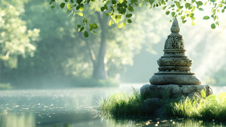A small stupa beside a tranquil lake, with soft sunlight casting reflections on the water, creating peaceful surrounding spaceの素材