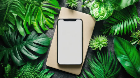 A smartphone with blank screen on desk surrounded by green plants, eco-tech flat lay with nature and clean space for branding or textの素材