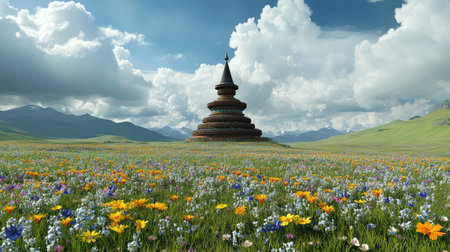 A solitary stupa in a field of wildflowers, with a wide open sky and distant hills, offering peaceful surroundings and empty spaceの素材