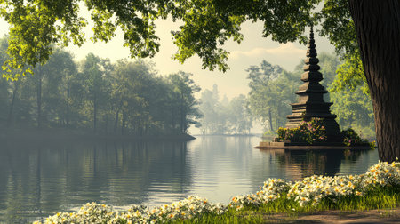 A stupa overlooking a tranquil lake, surrounded by flowering trees, with soft reflections and space for content designの素材