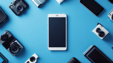 Blank smartphone on blue textured background with scattered tech gadgets, modern layout for technology or app designの素材