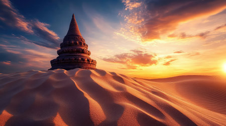 A small stupa surrounded by desert sand dunes with a golden sunset sky and plenty of space for design or textの素材