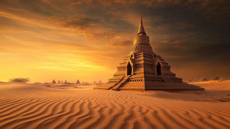 A small stupa surrounded by desert sand dunes with a golden sunset sky and plenty of space for design or textの素材