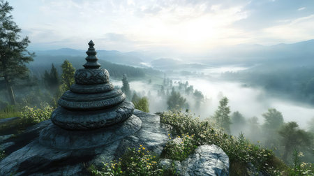 A stupa with detailed stonework, set against a foggy morning landscape with natural light filtering through and surrounding spaceの素材
