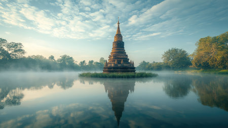 A stupa bathed in morning light, surrounded by a serene pond with soft reflections and an open sky aboveの素材