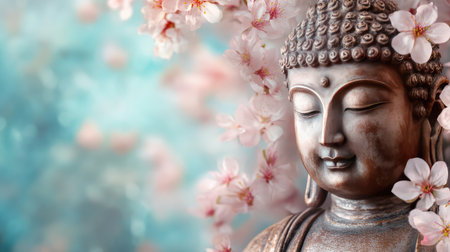 Buddha figure surrounded by cherry blossoms, spring nature atmosphere with tranquil light and copy spaceの素材