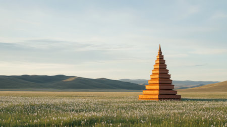 A solitary stupa in a field of wildflowers, with a wide open sky and distant hills, offering peaceful surroundings and empty spaceの素材