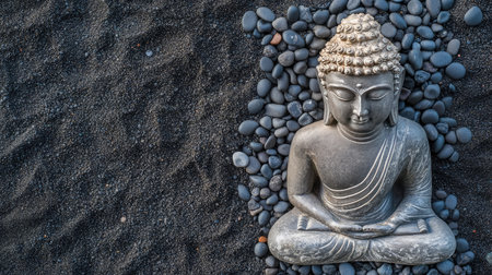 Buddha sculpture placed on black sand with small pebbles, top view with minimalistic Zen layout and spaceの素材
