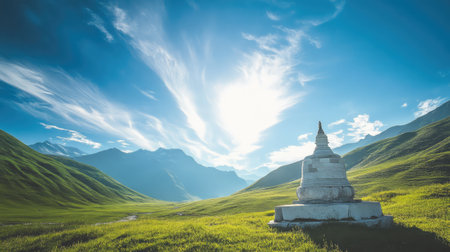 A stupa nestled in the green hills of a valley with bright blue sky and wispy clouds in the background, peaceful surroundingsの素材