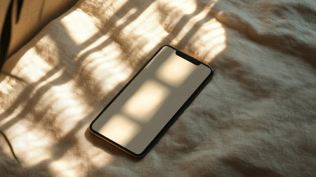 Black smartphone lying on a soft beige fabric with a natural window light casting shadows, empty screen for design presentation or advertising copy spaceの素材