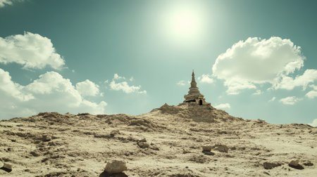 A stupa rising from the center of a rocky desert landscape with sparse vegetation, bright sun overhead, and empty space for textの素材