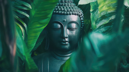 Buddha statue framed by tropical leaves, calm jungle environment with natural textures and open spaceの素材