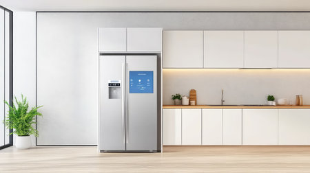 Blank smart fridge touchscreen panel in modern kitchen, home tech appliance with empty interfaceの素材