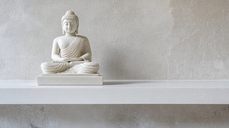 Buddha figurine on clean shelf with neutral wall behind, simple modern home decor with minimalist spaceの素材