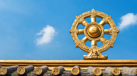 Golden dharma wheel sculpture on a temple rooftop, traditional Buddhist symbolism under clear blue sky with ample spaceの素材
