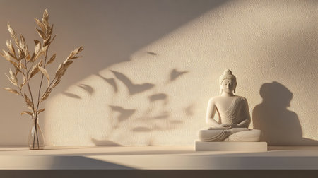 Buddha figurine on clean shelf with neutral wall behind, simple modern home decor with minimalist spaceの素材