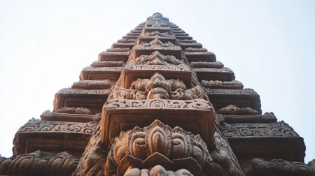 Close-up of the intricate carvings on a stupa's stone structure with a clear sky and soft light, creating peaceful open spaceの素材