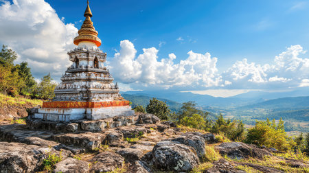 A stupa under a bright blue sky, surrounded by rocky terrain and calm nature, with space for creative additionsの素材