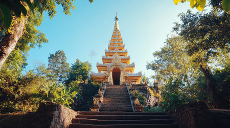 A tall, golden stupa with intricate carvings, framed by a bright clear sky and untouched natural surroundings for design spaceの素材