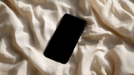 Black smartphone lying on a soft beige fabric with a natural window light casting shadows, empty screen for design presentation or advertising copy spaceの素材