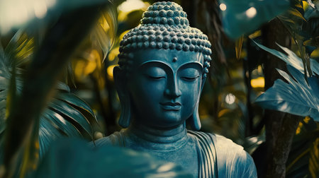 Buddha statue framed by tropical leaves, calm jungle environment with natural textures and open spaceの素材