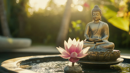 Buddha figure in lotus pose beside small water fountain, home meditation corner with clean copy spaceの素材