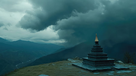 A stupa under a stormy sky, surrounded by rugged terrain, natural light breaking through clouds and providing ample spaceの素材