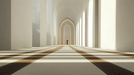 Empty prayer hall with symmetrical mats and subtle shadow lines, contemplative ambiance and minimalist spaceの素材